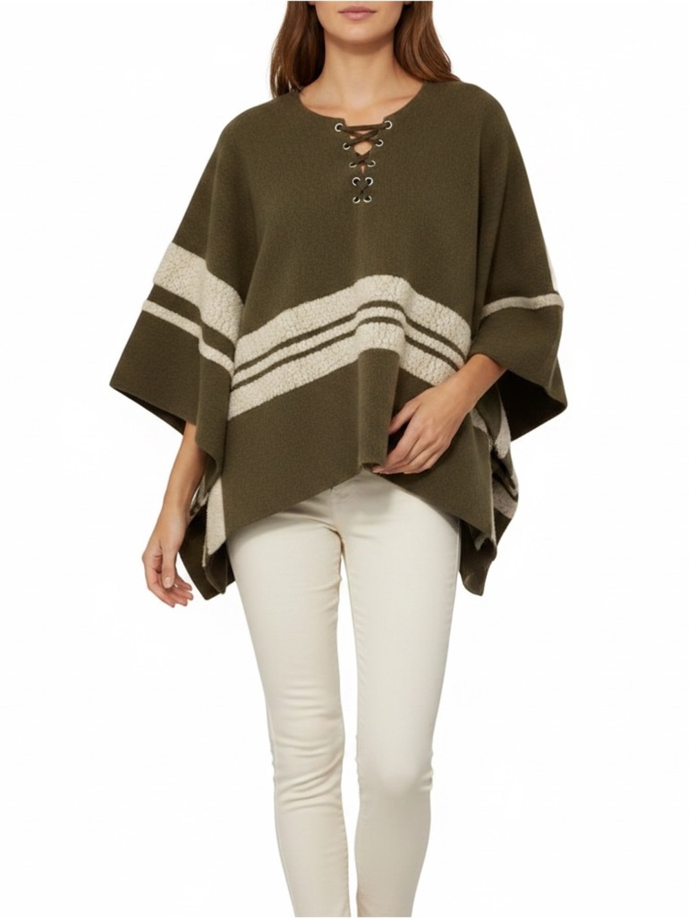 Maje Boho Cabin Wool Shearling Knit Oversized Khaki Green Lace Poncho